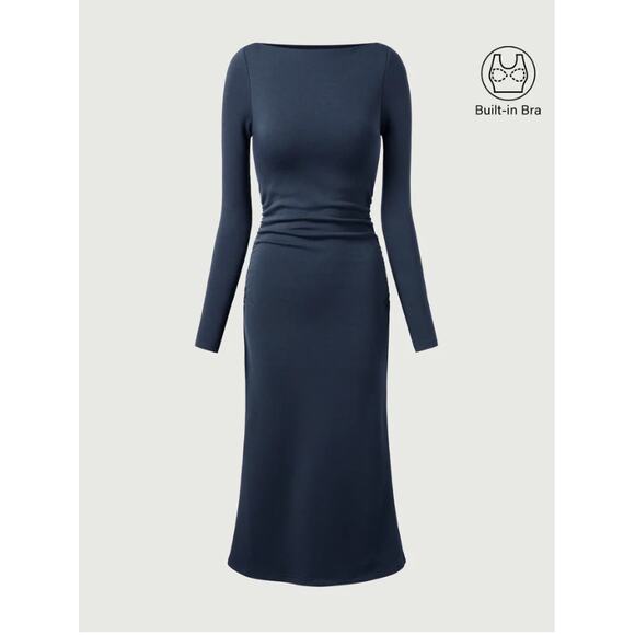 OGL Dresses & Skirts - OGL Thermal Boatneck Ruched Sides Brami Midi Dress SIZE L COLOR INK BLUE